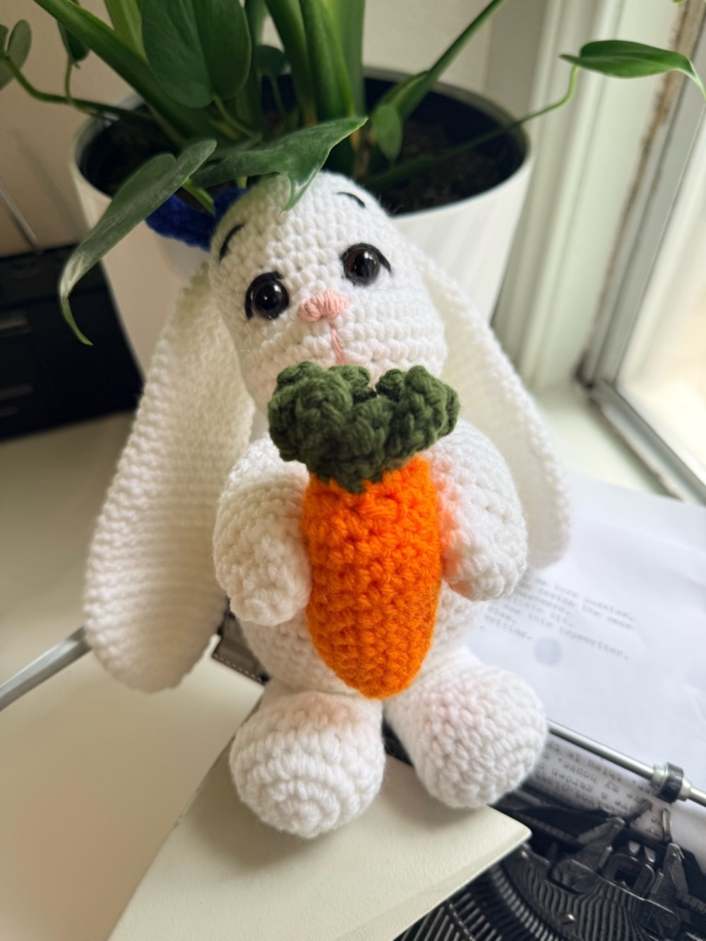 Handmade White Crochet Bunny with Orange Carrot